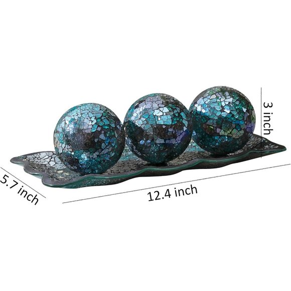 New 12.4" Mosaic Glass Decorative Tray with 3 Decorative Orbs, Living Room Decor - Picture 6 of 12